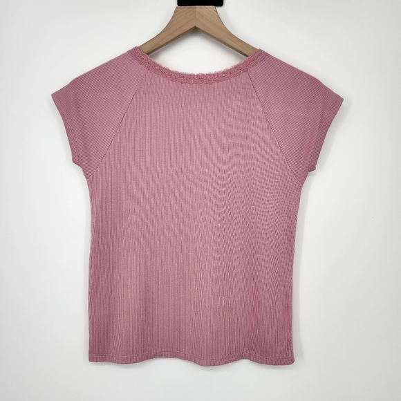 Colorful Planet Womens Ribbed Henley Top Size XL Mauve Lace Trim Y2K‎ Retro 90s - Picture 7 of 7